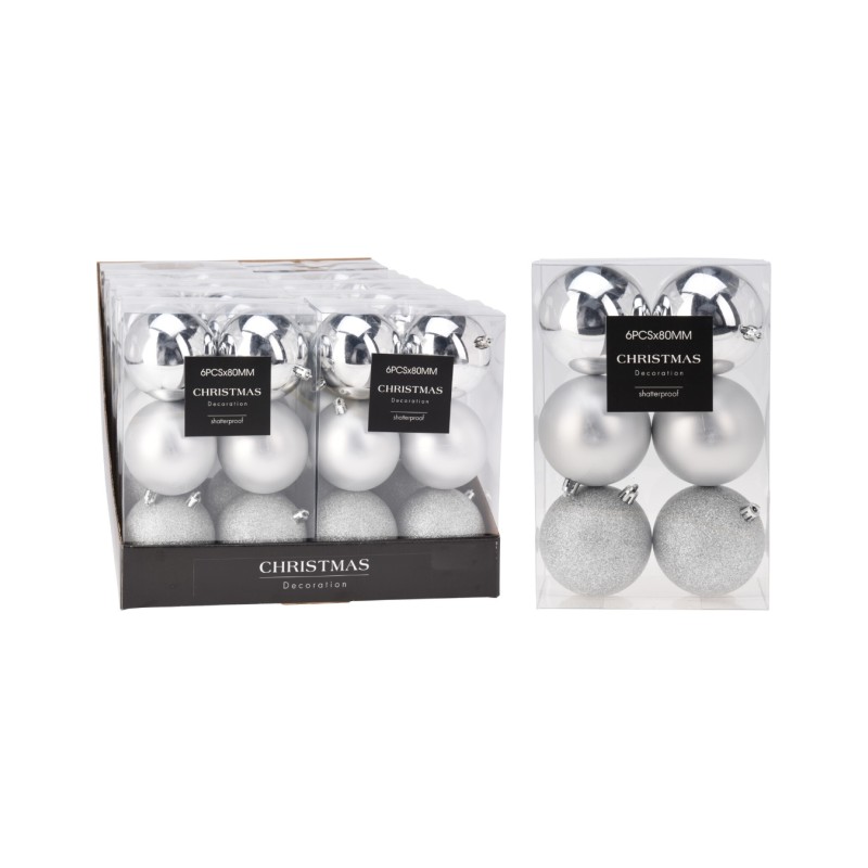 Eglutės žaisliukai AVS100810, plastikas, 6 vnt., 80 mm, sidabriniai